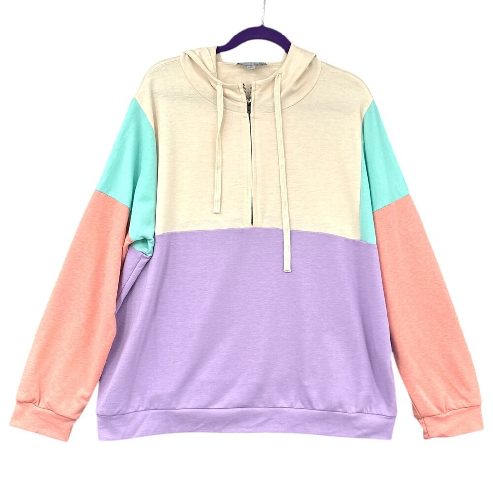 LUUKSE Pastel Colorblock Half Zip Drawstring Hood Long‎ Sleeve Hoodie 1X